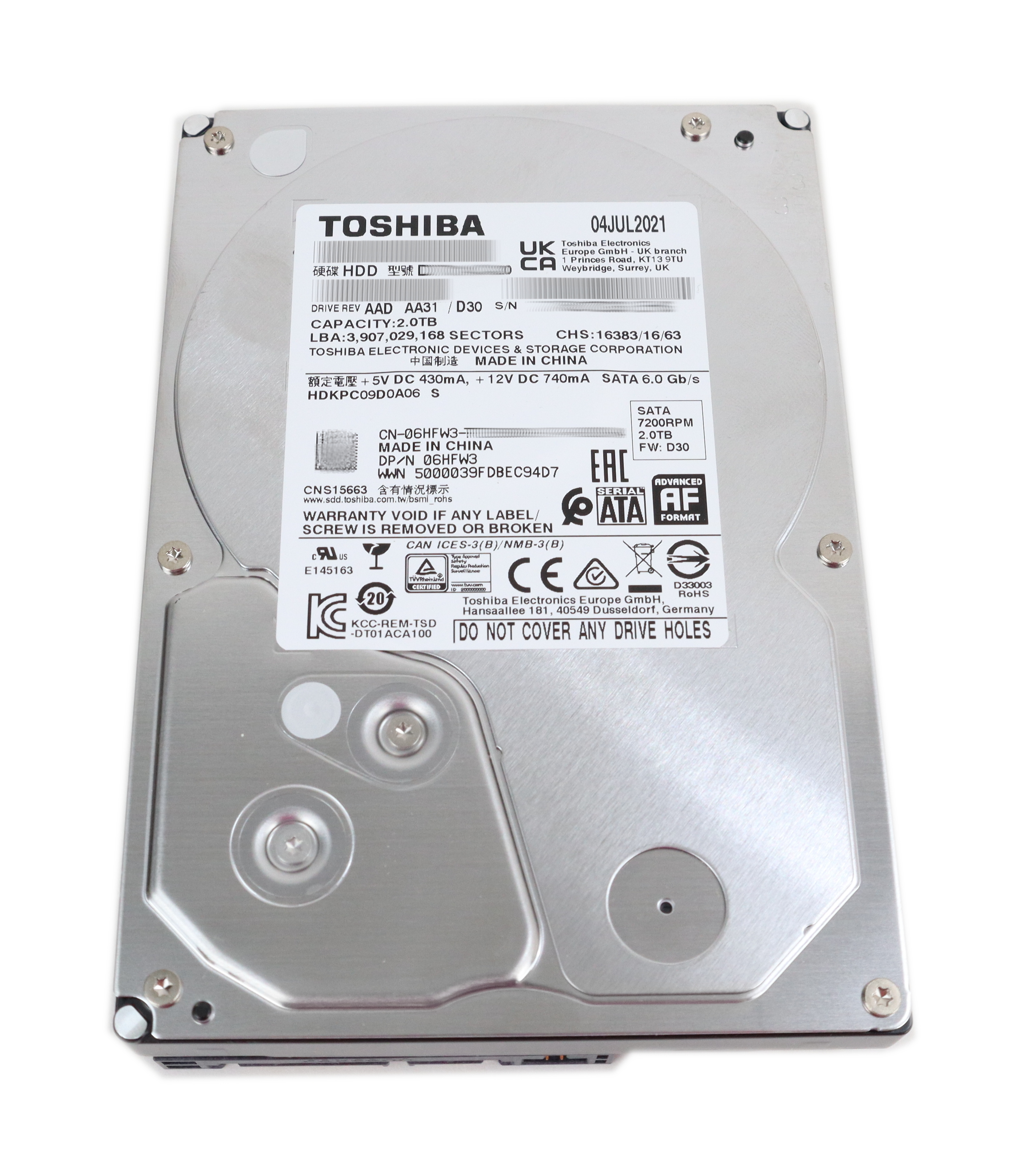 Dell Toshiba 2TB DT01ACA200 7200 RPM 64MB Cache SATA 6.0Gb/s 3.5" 6HFW3