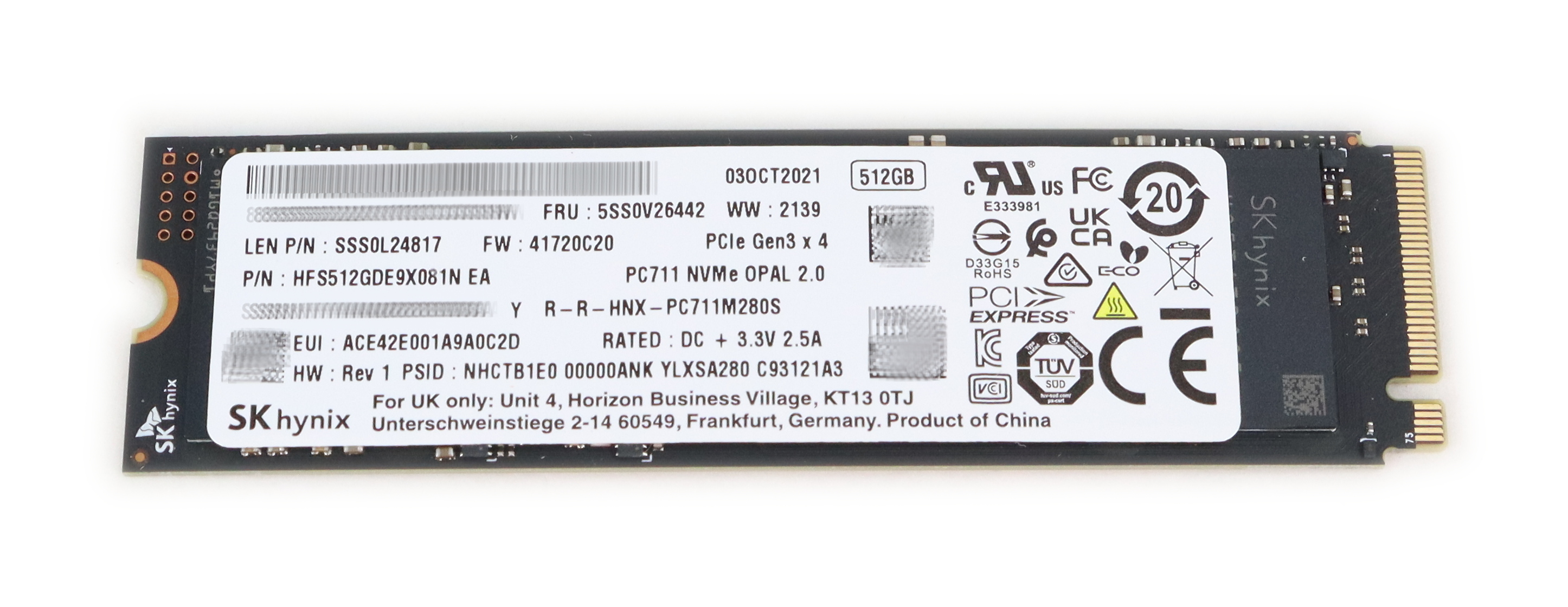Hynix 512GB HFS256GDE9X081N PC711 SSD M.2 NVMe OPA PCIe G3 x4l 5SS0V26442