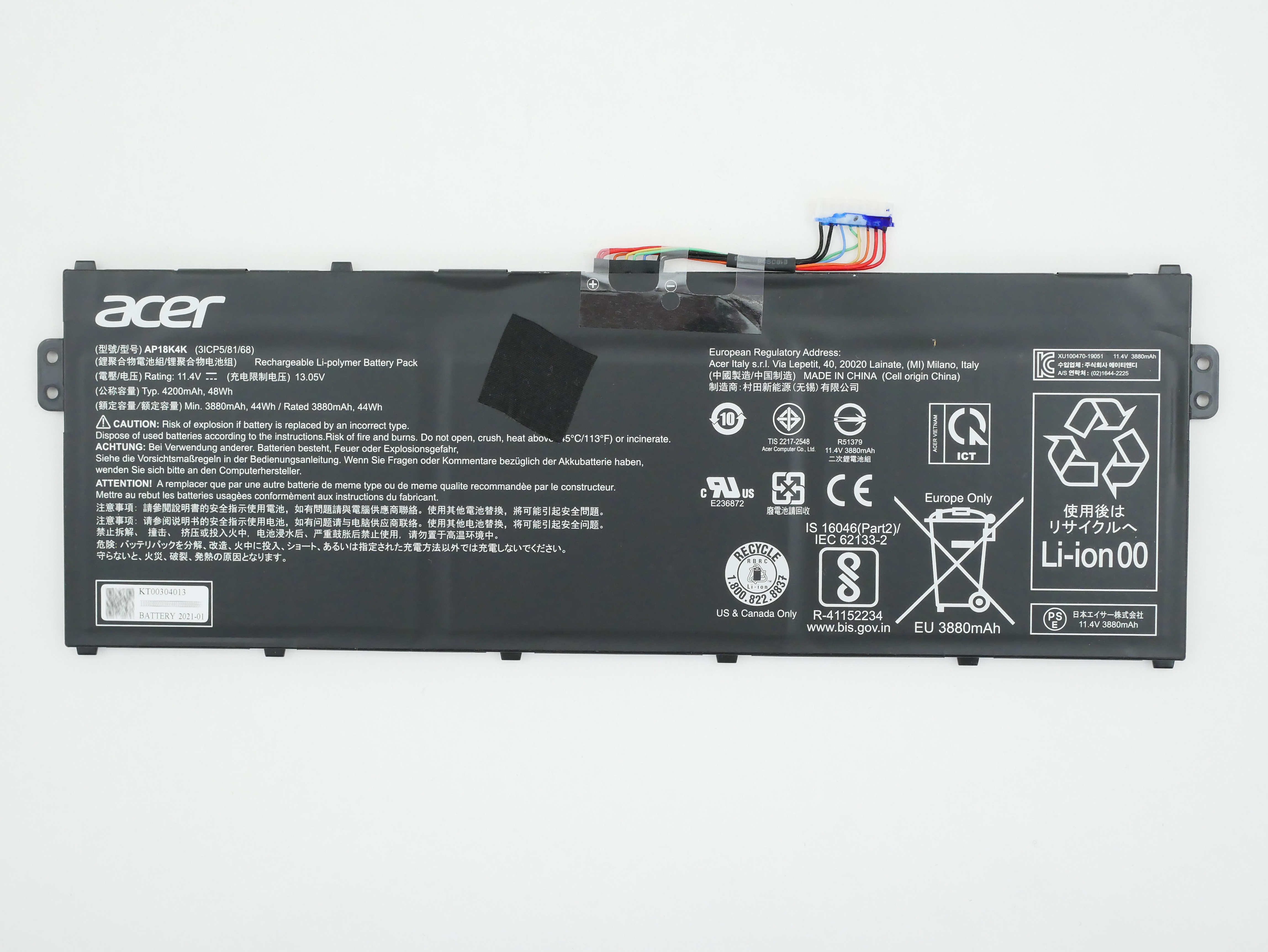 Acer AP18K4K (3ICP5/81/68) 11.4V 4200mAh 48Wh Li-ion Battery Pack KT00304013