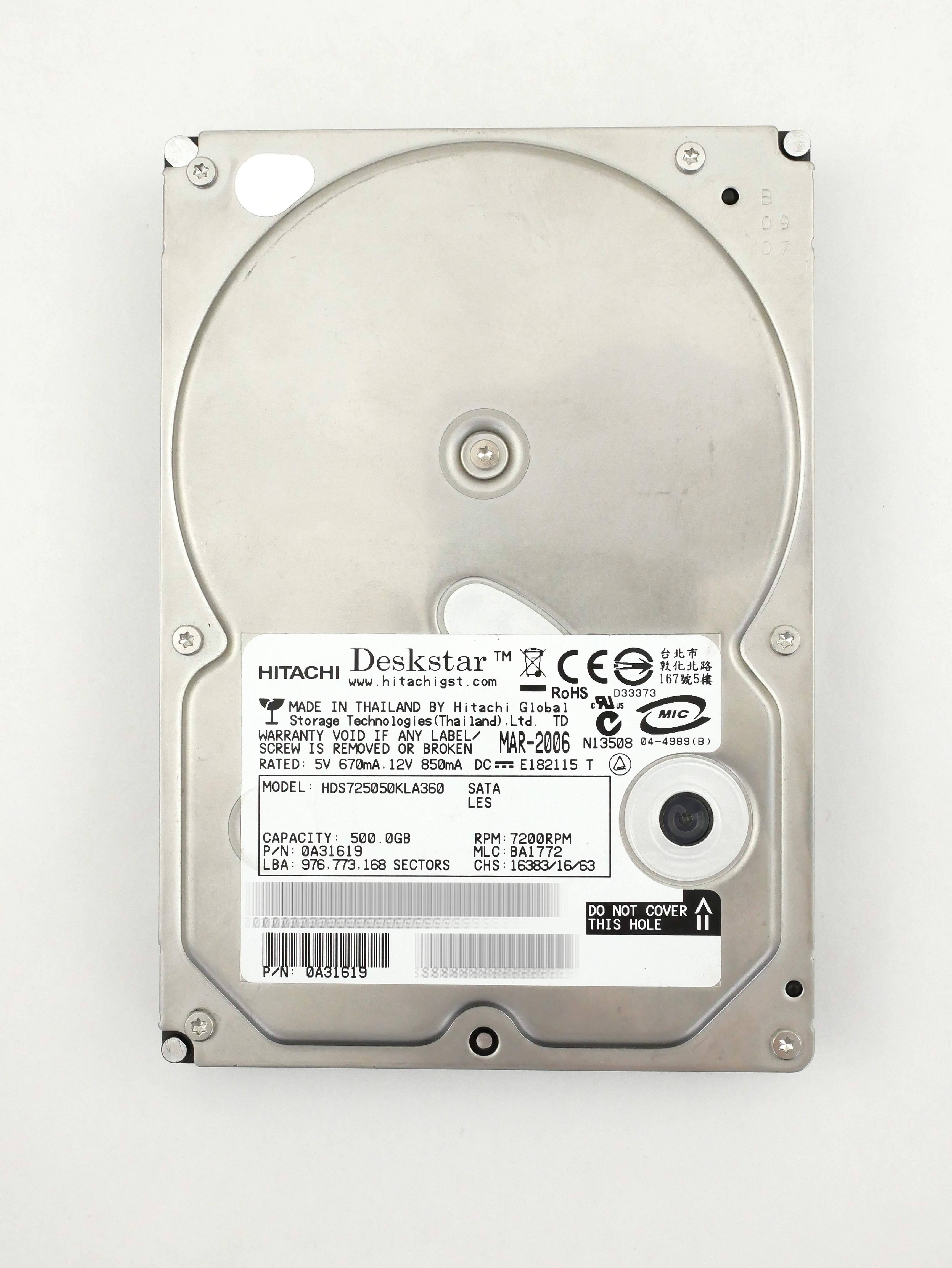 Hitachi GST Deskstar 500GB HDS725050KLA360 7200 RPM SATA 3.0GB/s 3.5" 0A31619