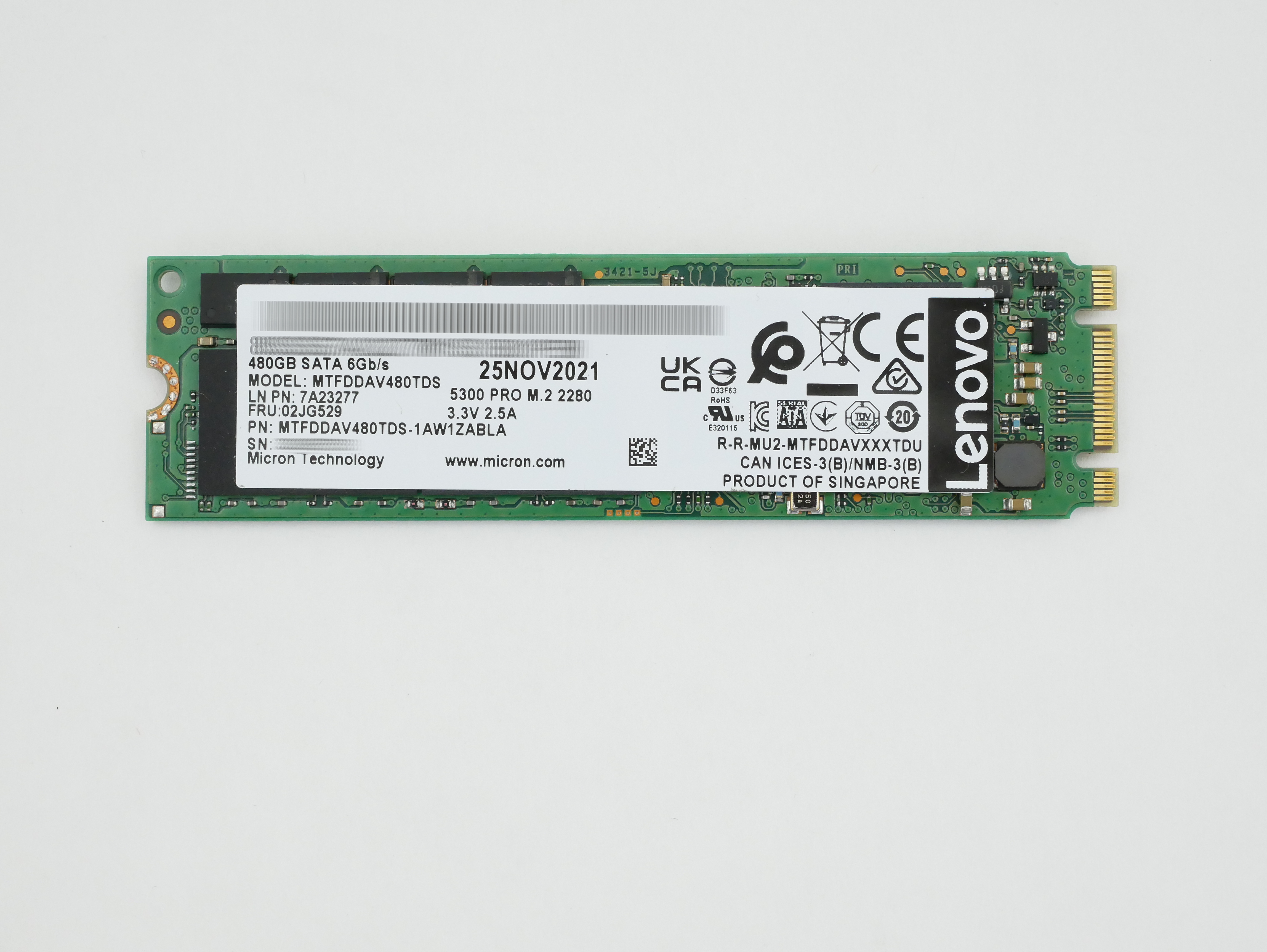 Lenovo 480GB MTFDDAV480TDS 5300 Pro M.2 2280 SSD SATA 6GB/s 7A23277 02JG529