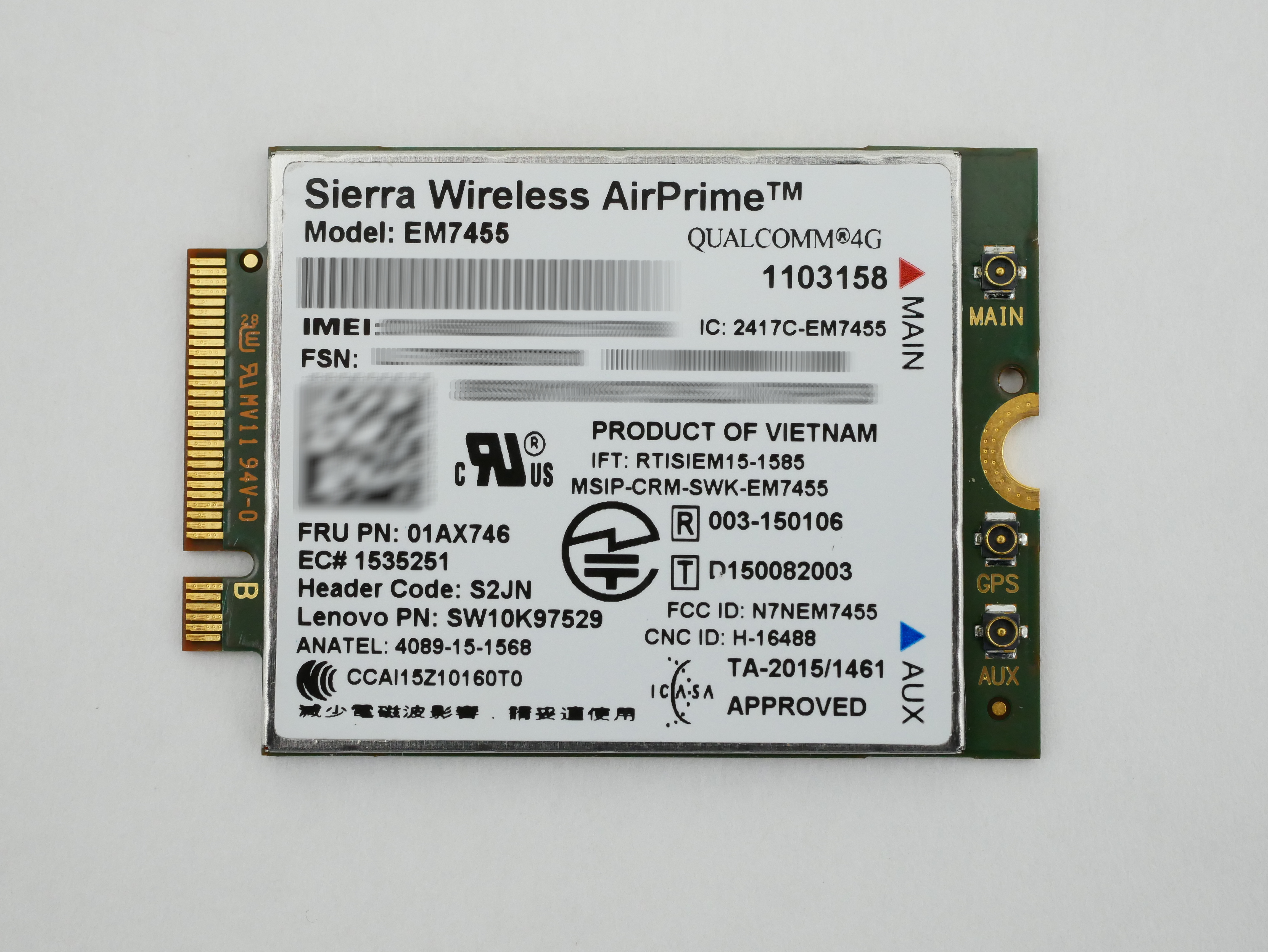 Sierra Wireless Airprime EM7455 Qualcomm 4G LTE SW10K97529 4XC0M95181 01AX746