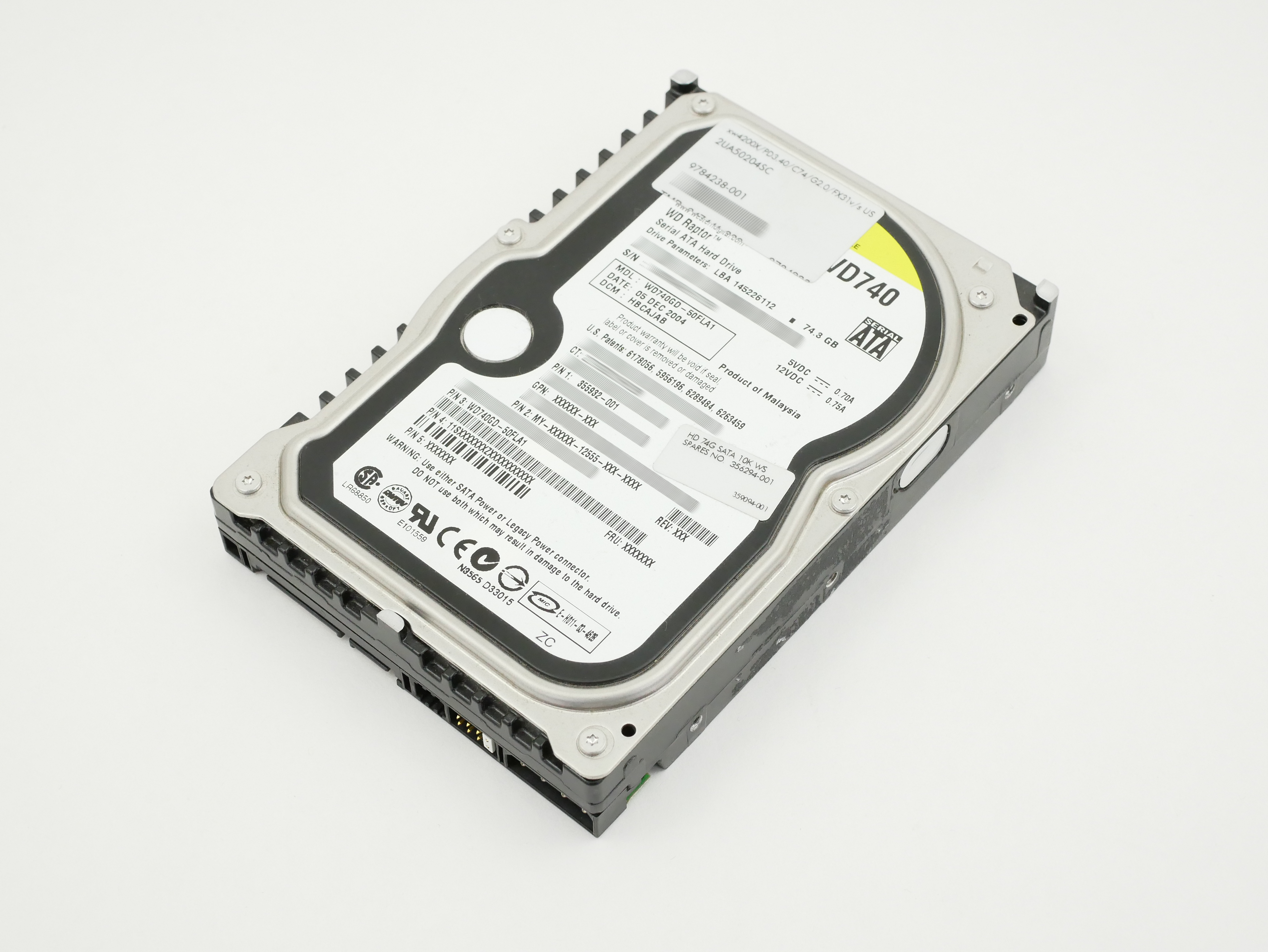 HP WD 74GB Raptor 10K RPM SATA 3.5 WD740GD-50FLA1 493715-001 356294-001